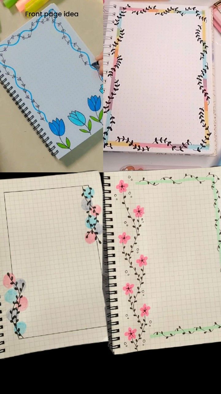 four notebooks with flowers on them are lined up in different rows and each has a notepad attached to the cover