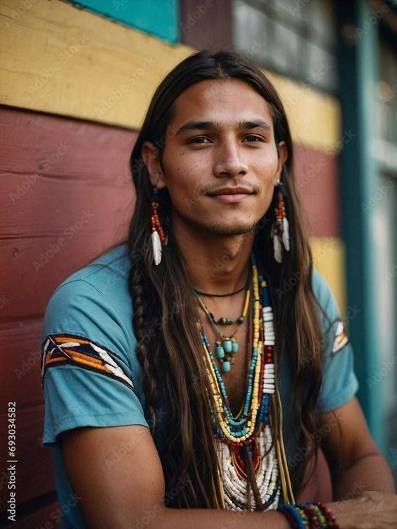 a man with long hair and beads on his head sitting in front of a building