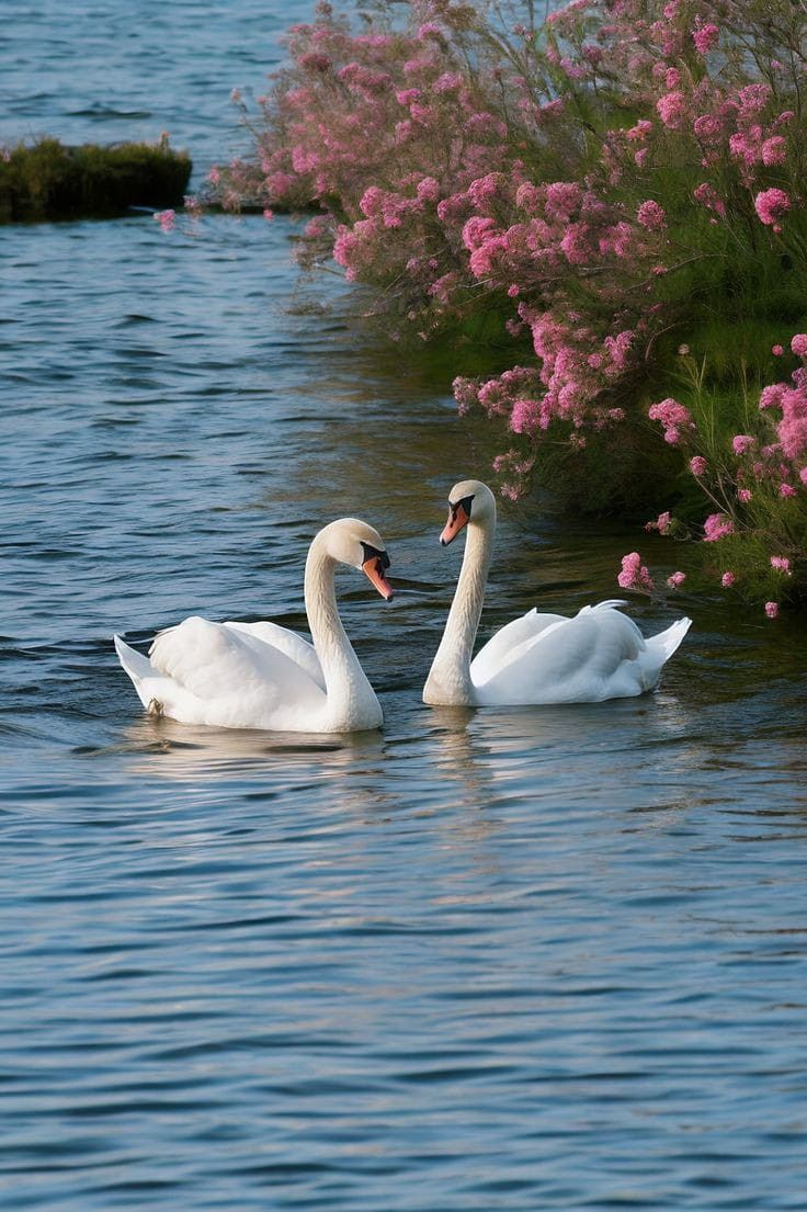 two white swans swimming in the water next to pink flowers and bushes with purple flowers