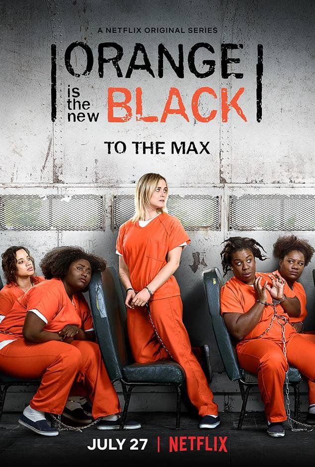 an orange is the new black poster with prison inmates sitting on chairs in front of a wall