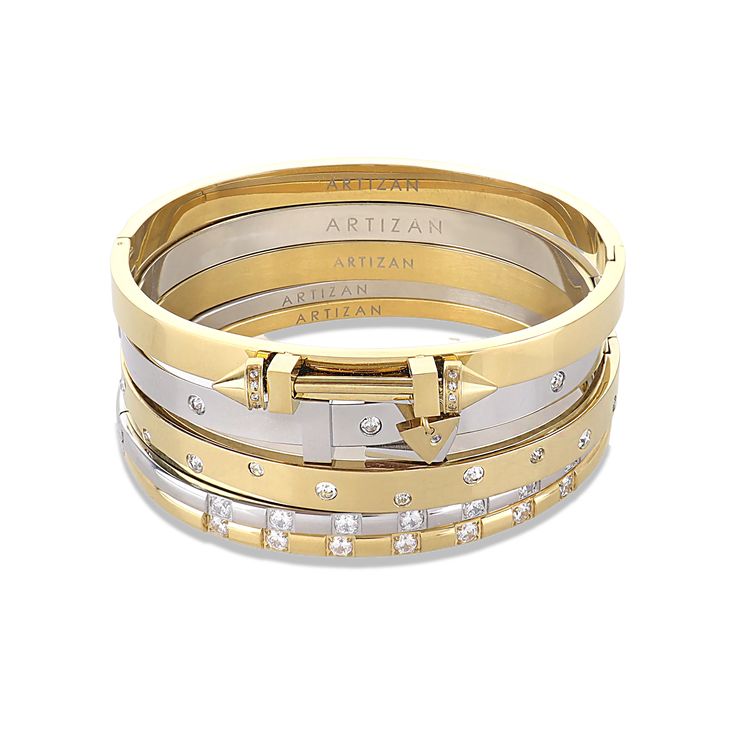 The Triangle Stack, a five-piece bangle set featuring gold and silver bangles with cubic zirconia accents and a triangle clasp detail. Silver And Gold Stack, Silver And Gold Bracelet Stack, Bracelets Layered, Silver And Gold Bracelet, Jewelry Stack, Forever Rings, Vacation Clothes, Gold Rings Stackable, Crystal Bangle