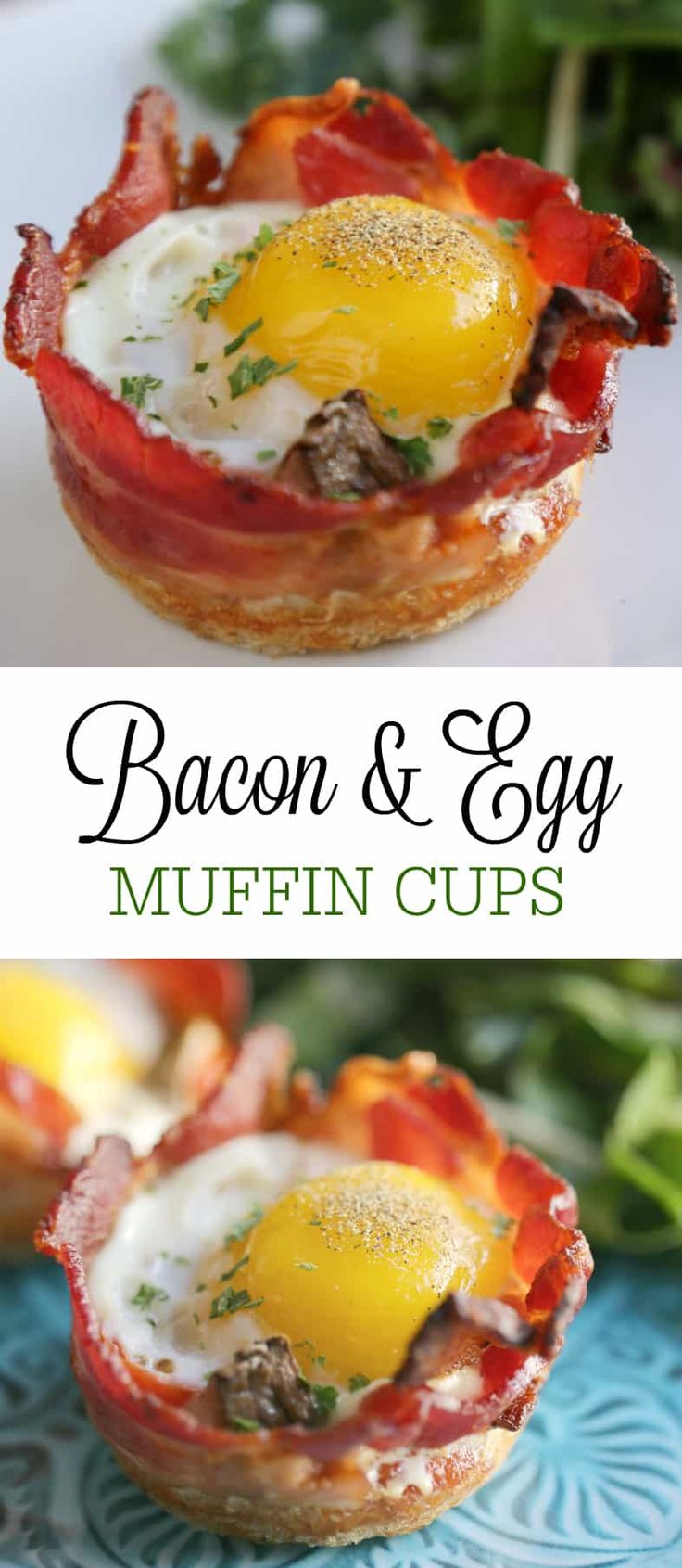 bacon and egg muffin cups on a blue plate