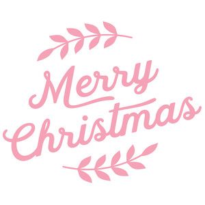 the words merry christmas are in pink on a white background, with leaves and branches around it