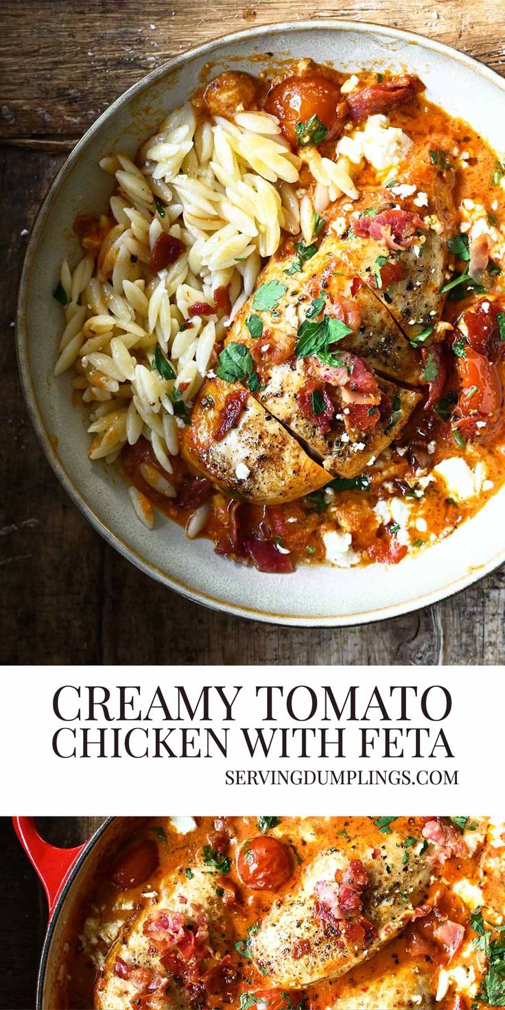 two plates with different types of food in them and the words creamy tomato chicken with feta