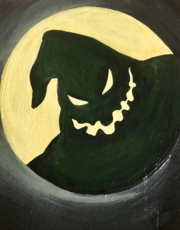 a painting of a black dog with fangs on it's face and mouth, in front of a full moon