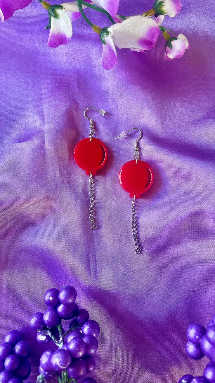 * Red balloon dangle earrings made from epoxy resin. * Makes for a great addition to your jewelry collection or as a gift to friends and family! I appreciate you checking out my shop! * Follow me on Instagram for more (or DM me for a custom piece): https://www.instagram.com/ravinresin/ Red Hypoallergenic Party Jewelry, Red Hypoallergenic Jewelry For Party, Hypoallergenic Red Jewelry For Parties, Trendy Red Resin Earrings, Fun Red Resin Earrings, Fun Style Red Resin Earrings, Fun Red Resin Jewelry, Playful Red Nickel-free Jewelry, Playful Red Drop Earrings