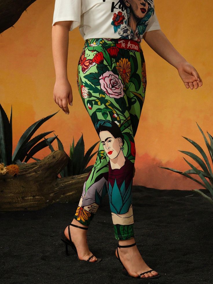 Plus Size Tropical Floral Printed Elastic Leggings With Wide Waistband And Figure Pattern Multicolor Casual   Knitted Fabric Floral,Plants,All Over Print Regular High Stretch  Women Plus Clothing, size features are:Bust: ,Length: ,Sleeve Length: Shein Leggings, Printed Wide Leg Pants, Slim Fit Top, Irregular Hem, Lingerie Accessories, Plus Size Leggings, Tropical Floral, Wide Waistband, Plus Clothing