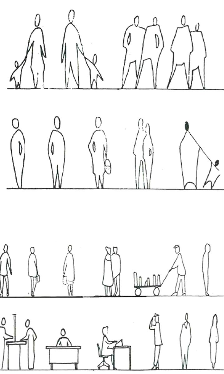 four different views of people standing and sitting