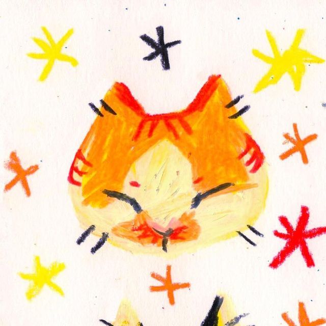 a drawing of a cat with many crosses on it's face and eyes,