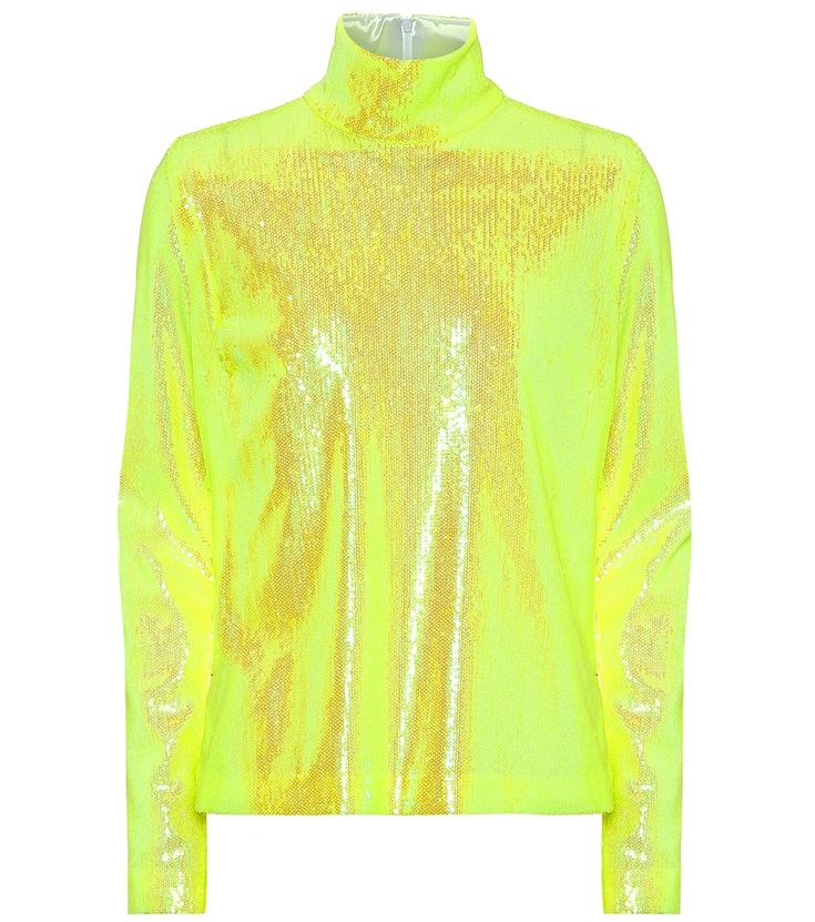 Invest in MM6 Maison Margiela's sequined top for the ultimate glam up. This neon-yellow style is made in Italy with a high neckline, long sleeves and boxy fit through the body. Yellow Long Sleeve Party Tops, Glamorous Stretch High Neck Tops, Glamorous High Neck Stretch Top, Yellow Turtleneck Top For Spring, Yellow Trendy Turtleneck Top, Yellow Sequined Top For Party, Trendy Turtleneck Party Tops, Yellow Party Top With Sequins, Yellow Party Tops With Sequins