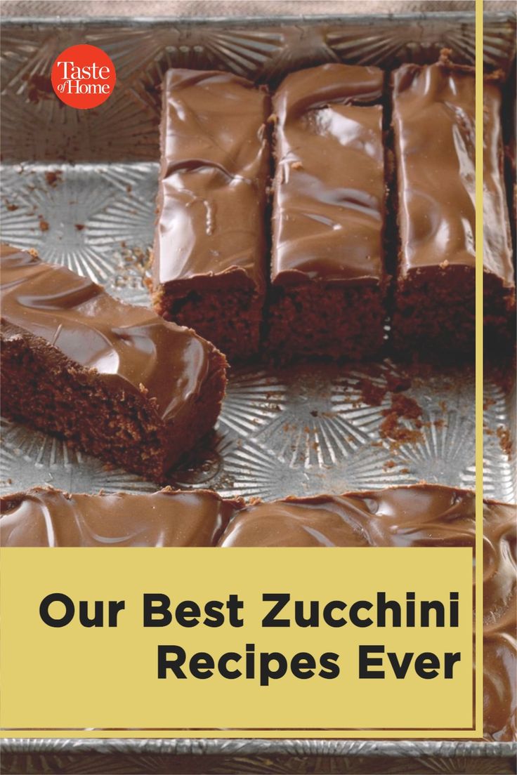 some brownies sitting on top of a pan with chocolate frosting and the words our best zucchini recipes ever