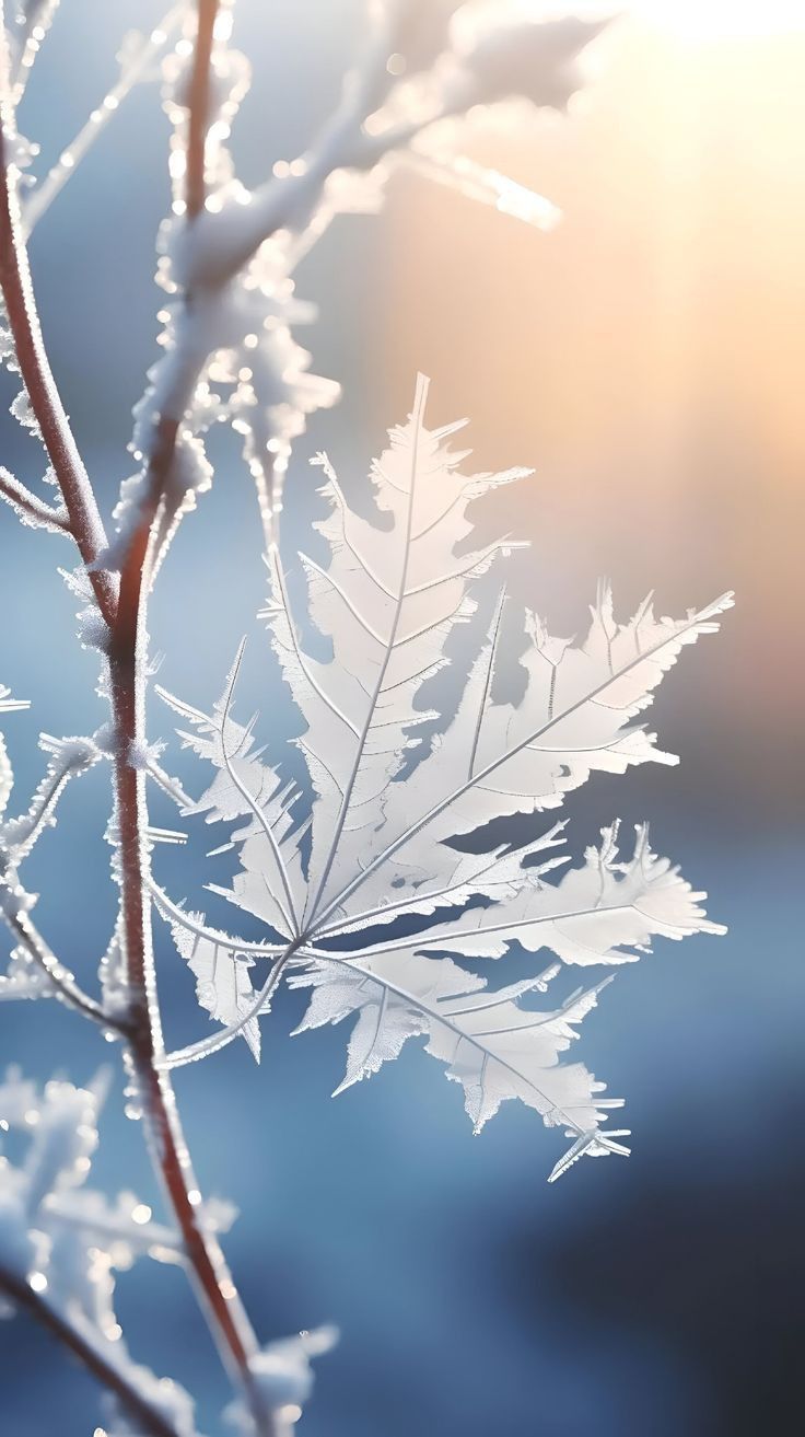 frosted leaves on a tree branch with the sun in the background