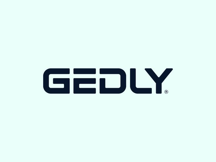 the gedy logo is shown in black and white on a light blue background,