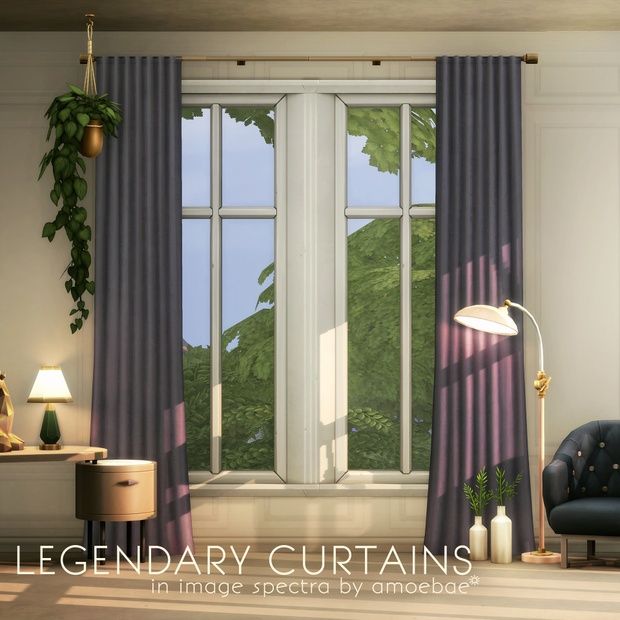 a living room filled with furniture and a large window covered in purple curtained drapes