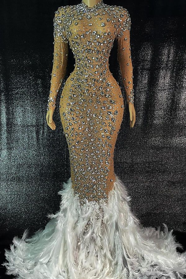 Kaelie Rhinestone Feather Dress - AMEKANA.COM After Wedding Party, Drag Dresses, Prom Dress Gold, Birthday Party Club, Party Wedding Reception, Feather Prom Dress, Peacock Wedding Theme, Dancer Wear, Prom Dresses Long Lace