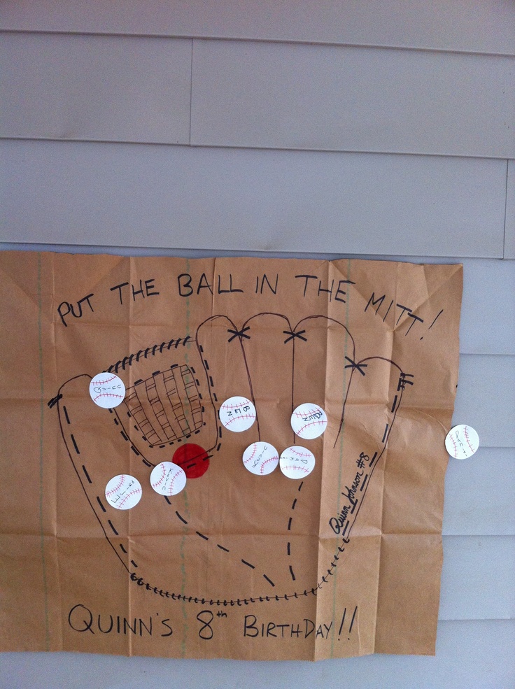 a brown paper bag with writing on it that says out the ball in the mitt