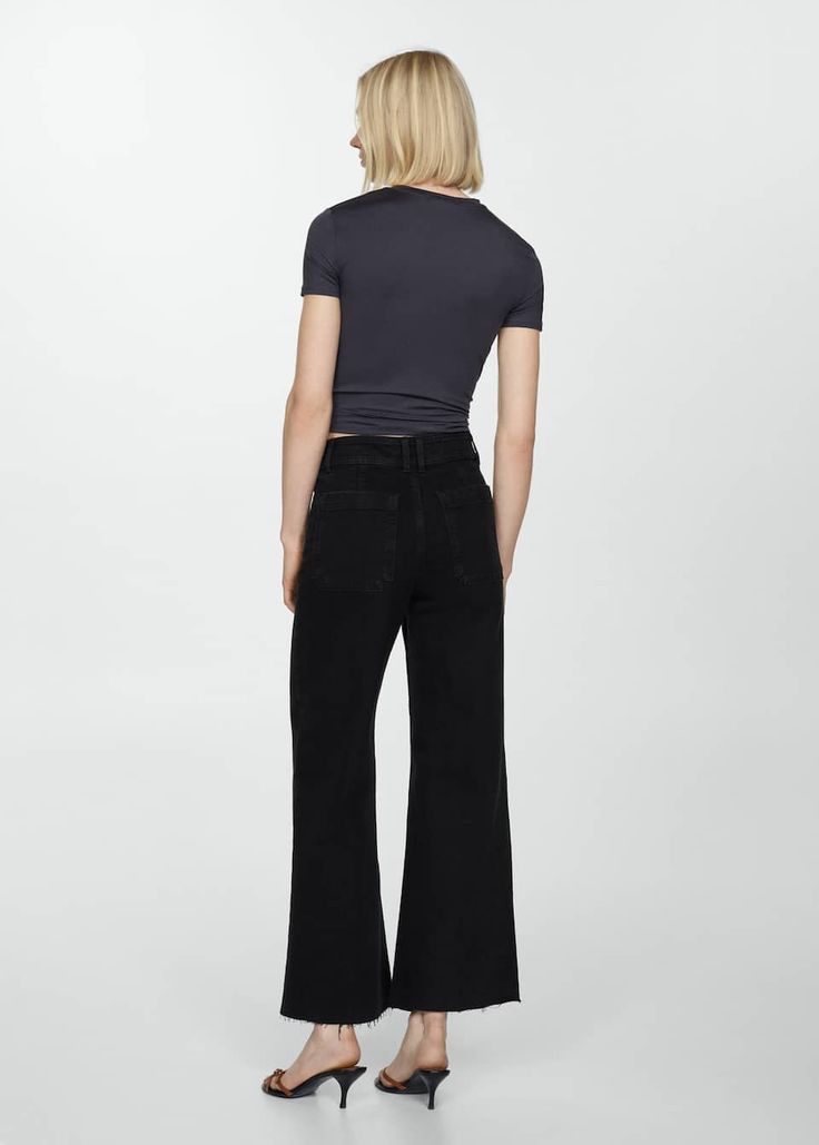 Jeans culotte high waist - Women | Mango USA Chic Dark Wash Cropped Pants, Chic Cropped Dark Wash Pants, Trendy Cropped Jeans For Work, Cropped Dark Wash Cotton Flare Jeans, Cropped Dark Wash Flare Jeans With Pockets, Modern High Waist Cropped Jeans For Work, Cropped Denim Workwear Bottoms, Chic Cropped Dark Wash Bottoms, Cropped Bottoms With Five Pockets