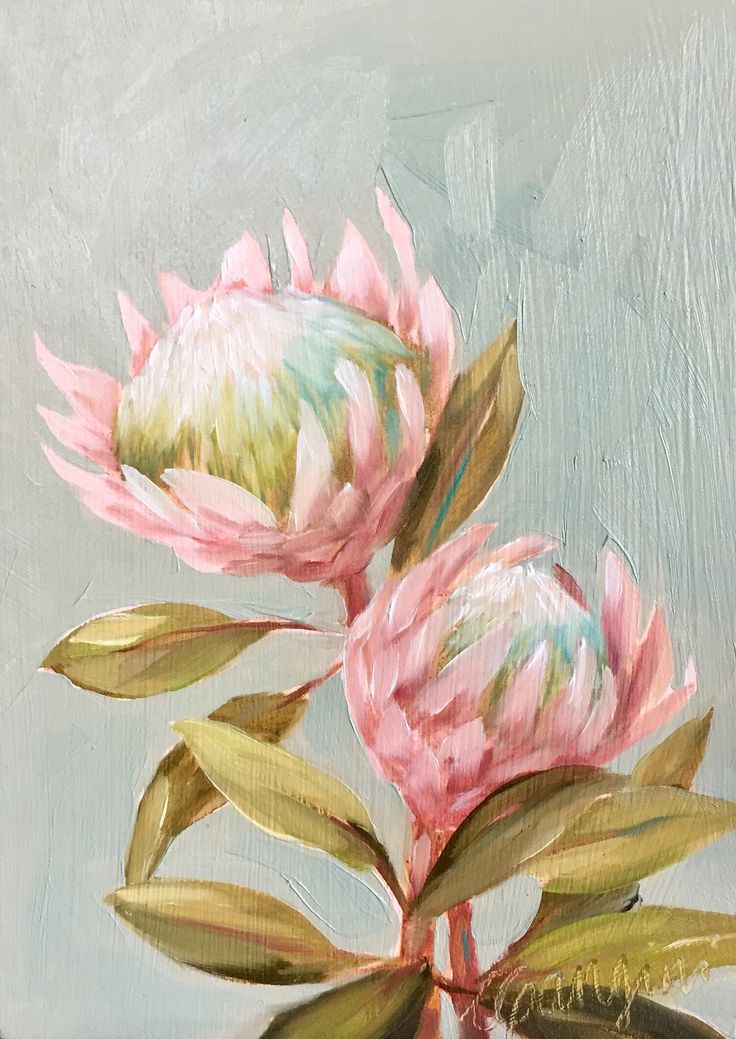 a painting of two pink flowers in a vase