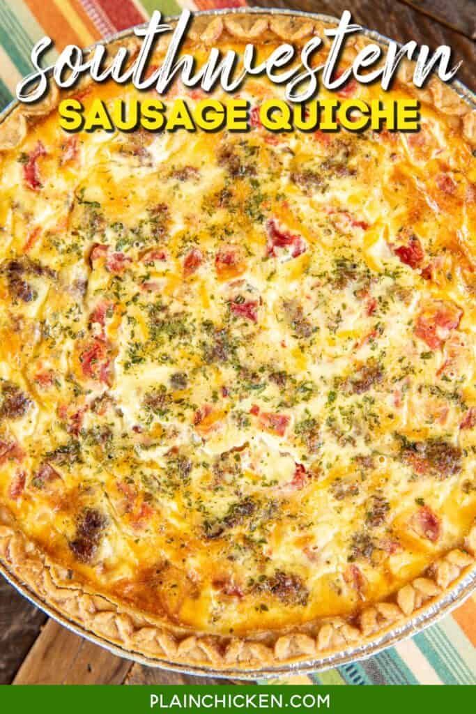 the southern sausage quiche is ready to be eaten with text overlay that reads southern sausage quiche