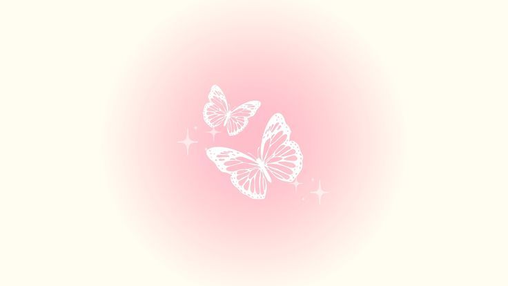 three white butterflies flying in the air on a pink and cream background with stars around them