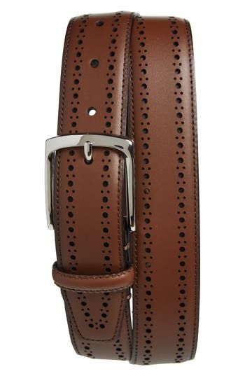 Lines of traditional two-size broguing frame this belt styled from polished fine-grain Italian leather to offer a smart finish to any formal ensemble. Leather Handcrafted in USA from imported materials Formal Brown Bridle Leather Belt Buckles, Formal Brown Bridle Leather Belt Buckle, Classic Brown Belt Buckles For Formal Occasions, Formal Brown Bridle Leather Belts And Suspenders, Elegant Formal Bridle Leather Belt, Formal Leather Belt Buckles In Cognac, Formal Cognac Leather Belt Buckles, Timeless Brown Belt Buckles For Formal Occasions, Classic Formal Belts And Suspenders With Removable Belt