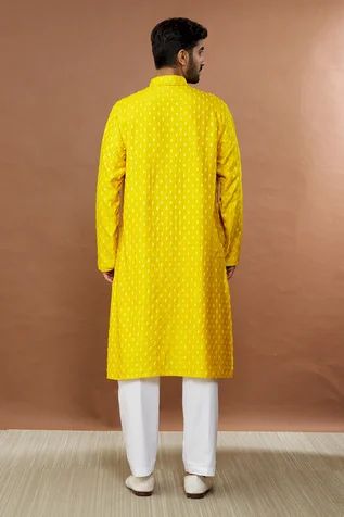 Shop for Aham-Vayam Yellow Silk Blend Maharaja Floral Embroidered Kurta Set for Men Online at Aza Fashions Yellow Kurta With Pallu For Puja, Yellow Straight Kurta For Puja, Yellow Churidar With Dabka For Diwali, Yellow Kurta For Puja During Navratri, Yellow Unstitched Kurta For Festivals, Unstitched Yellow Kurta For Puja, Unstitched Yellow Traditional Wear For Eid, Yellow Unstitched Suit With Dabka For Diwali, Yellow Unstitched Suit For Eid With Traditional Drape