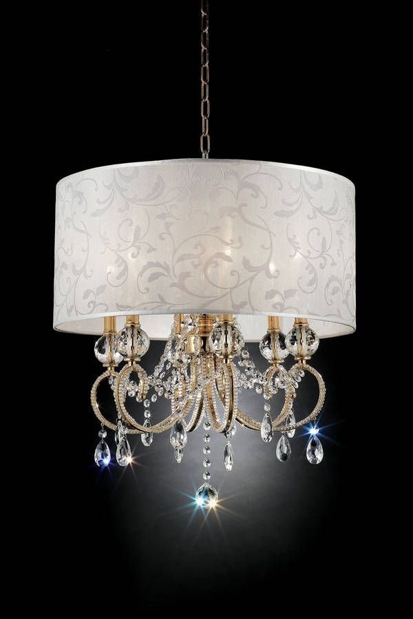 a chandelier hanging from the ceiling with white fabric and crystal beads on it