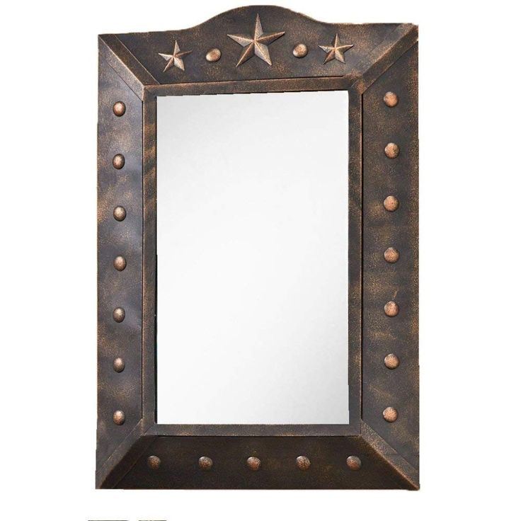 Display Vertical (As Seen On Picture) Rim Made Of Metal Measures: 20" X 2" X 28" Measures (Glass): 12" X 20" Copper Finish Western Mirror, Star Mirror, Log Home Designs, Farmhouse Mirrors, Black Forest Decor, Rustic Wall Mirrors, Western Rustic, Western Star, Rustic Mirrors