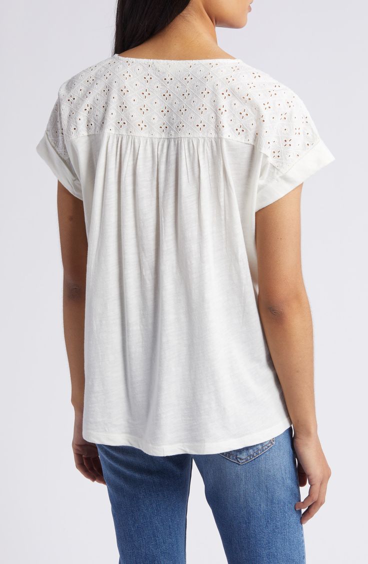 An airy openwork design tops this floaty top perfect for when the weather warms up. 24 1/2" length (size medium) Split neck Short sleeves 60% cotton, 40% modal with 100% cotton contrast Machine wash, tumble dry Imported Relaxed Fit V-neck Pointelle Knit Top, Casual V-neck Eyelet Blouse, Cotton Broderie Anglaise Tops For Day Out, Eyelet Tops With Relaxed Fit For Daywear, Relaxed Fit Eyelet Tops For Daywear, Spring Eyelet V-neck Top, Spring V-neck Tops With Broderie Anglaise, Spring V-neck Eyelet Top, Breezy Short Sleeve Cotton Blouse