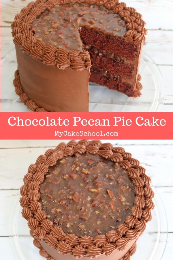 chocolate pecan pie cake with one slice cut out and the other half eaten on a plate