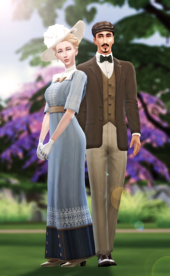 an animated man and woman dressed in formal clothing standing next to each other on a green field