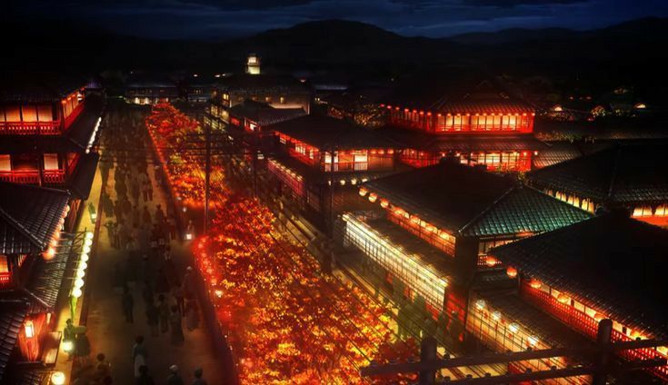 an aerial view of a city at night with lights on the buildings and people walking around