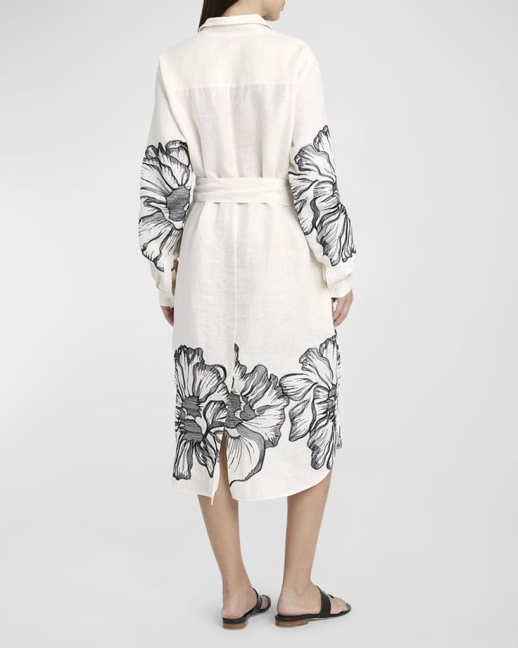 Kiton Floral Embroidered Linen Belted Shirtdress | Neiman Marcus Beauty Samples, Designer Name, Embroidered Linen, Embroidery Blouse, Western Dresses, Shirtdress, Top Designers, Sale Design, Floral Embroidery