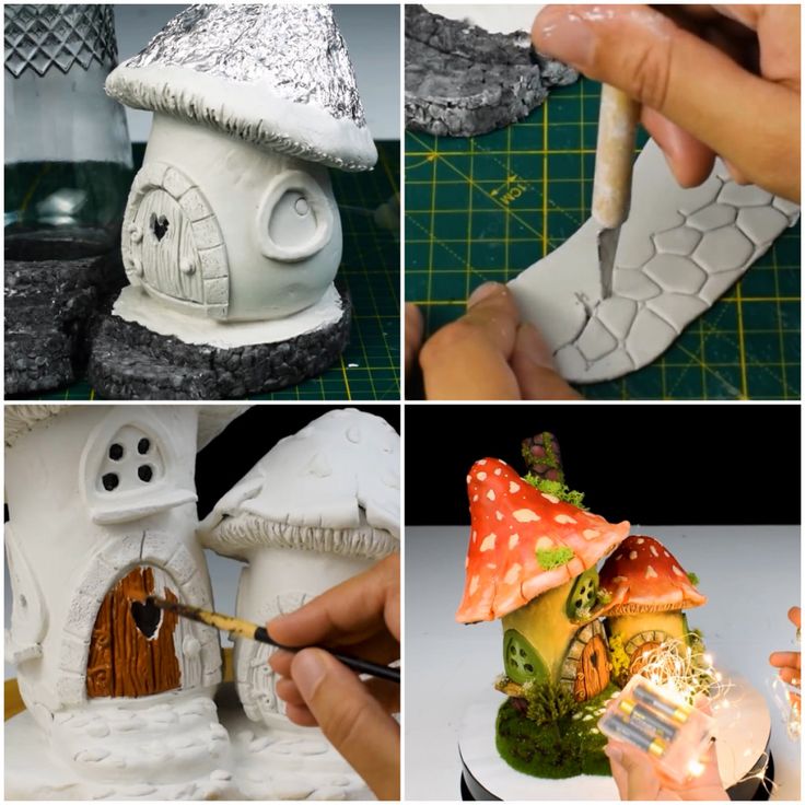 there are pictures of different things made out of clay and paper machs, including a mushroom house