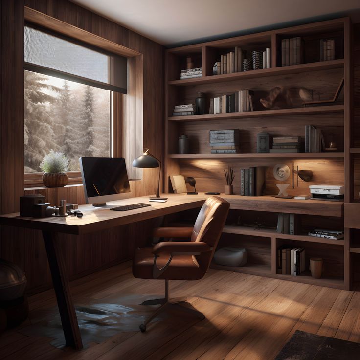 a home office with wooden walls and flooring is lit by the sunlight coming through the window