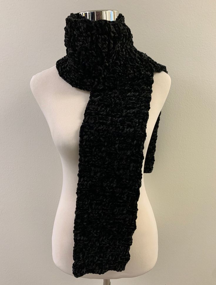 "Hand crocheted black colored infinity scarf.  Crocheted to look like a basket weave.   This polyester yarn I have been working with feels like velvet!   If you like unique designs, this is the piece for you.  It will provide plenty of warmth while adding a designer element to your winter wardrobe. Also, think about pairing this scarf with the \"Annette Hat\" in black.   They are meant to be worn together.  All the proceeds for the hat go to support the Annette Barker Scholarship Fund at the College of Saint Scholastica.   The pattern is of my own design." Crochet Velvet Scarf, Saint Scholastica, Scarf Crocheted, Boho Beanie, Really Short Hair, Velvet Scarf, Crochet Winter, Black Scarf, Polyester Yarn