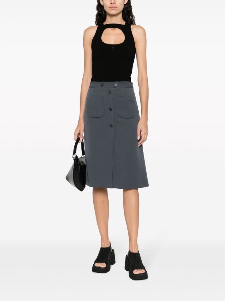 Courrèges A-line Cotton Midi Skirt - Farfetch Cotton Midi Skirt, Yoko London, City Dress, Summer Beach Wear, Slate Grey, Gray Skirt, Grey Cotton, Lady Dior, Jacket Tops