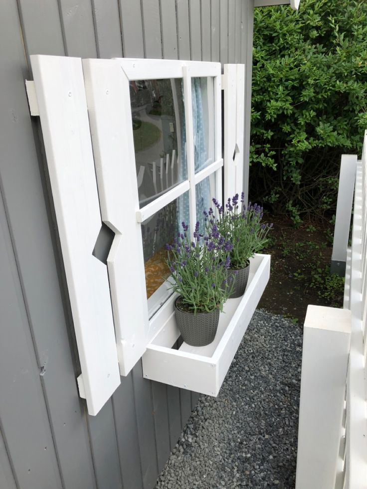 a potted plant sitting inside of a window sill next to a white fence