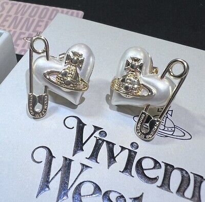 Premium Quality Vivienne Westwood Big Heart With Safety Pin Pearl Earrings Stud Gold Tone#033, Fashion Jewelry