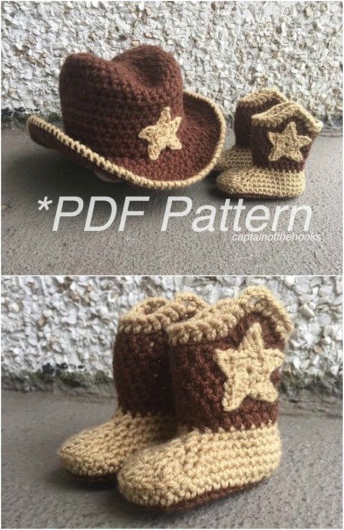 crocheted cowboy hat and booties are shown in two different pictures, one is brown