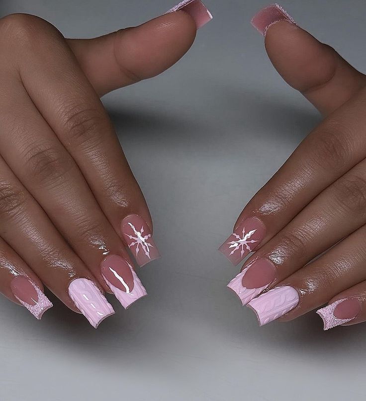 Pink French Christmas Nails, Pink Plaid Nails Acrylic, Short Square Acrylic Christmas Nails, Light Pink Christmas Nails Almond, Short Pink Winter Nails, Christmas French Tip Nails Coffin, Pink Snow Nails, Christmas Medium Nails, Short Christmas Nails Pink