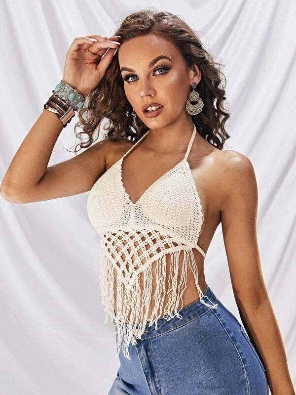 Women Summer Vacation Solid  Crochet Fringe Sexy Halter Top - Ivory,S Tie Crochet, Crocheted Dresses, Knit Slippers Free Pattern, Knit Slippers, Yarn Embroidery, Crochet Swimwear, Crochet Fringe, Womens Halter Tops, Embroidery Crochet