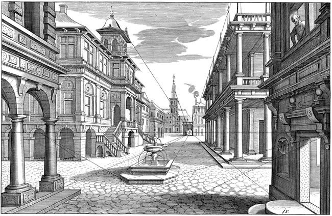 a drawing of an old city street with buildings and water fountain in the foreground