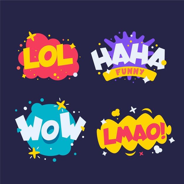 four different logos with the words wow and lol, haha funny in various colors