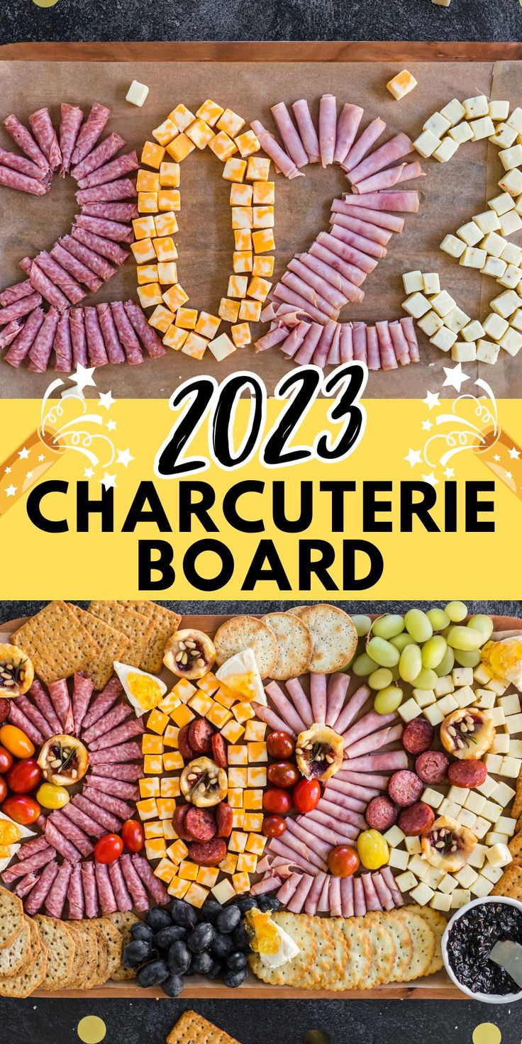 an image of a board made out of crackers and cheeses with the words charcuterie board on it