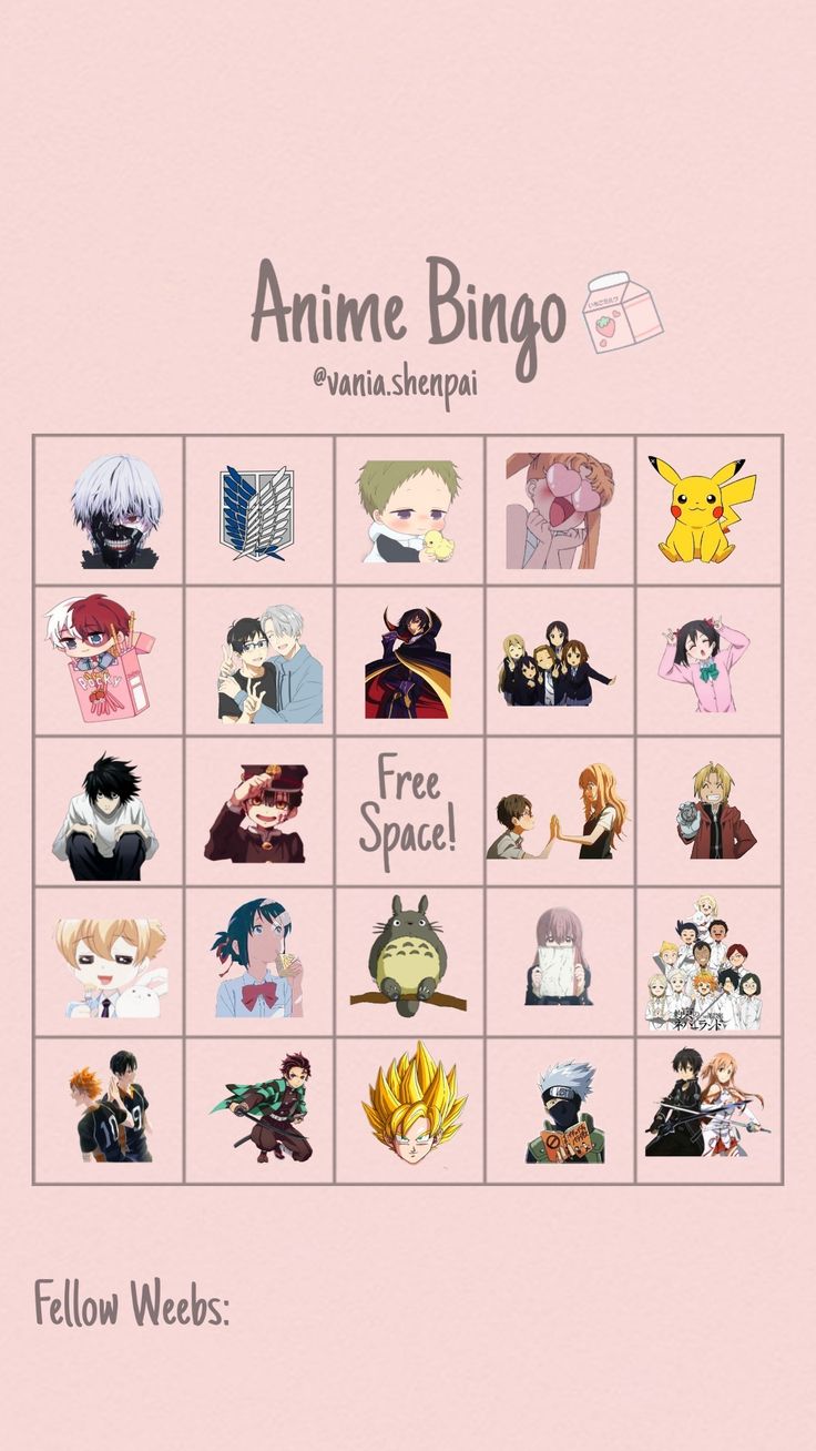 an anime bingo game with many different characters