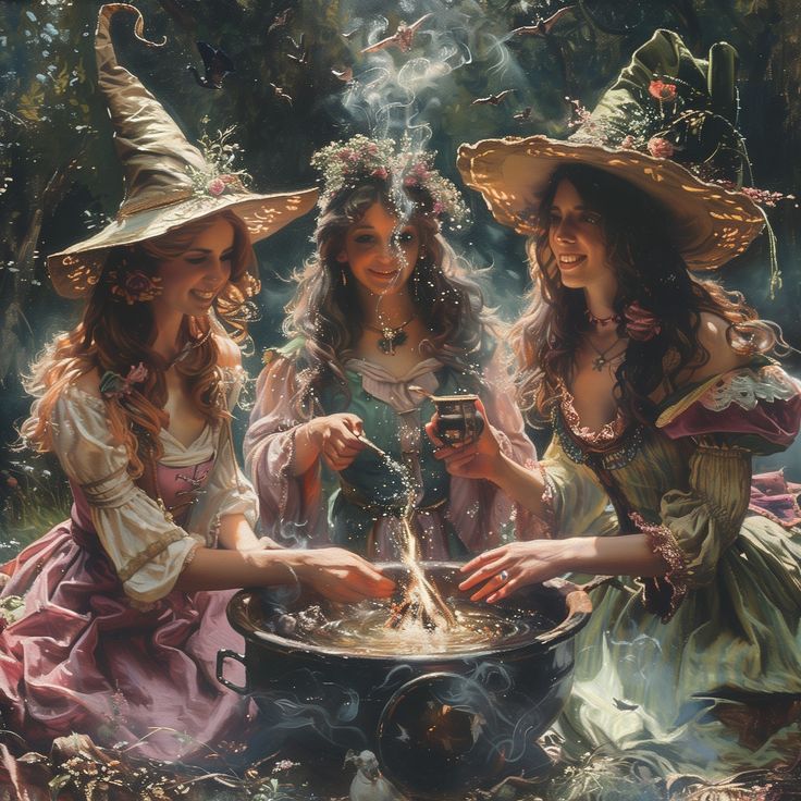 three women dressed as witches pouring water into a caulder