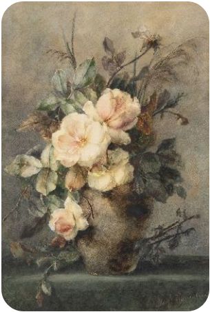 a painting of flowers in a vase on a table