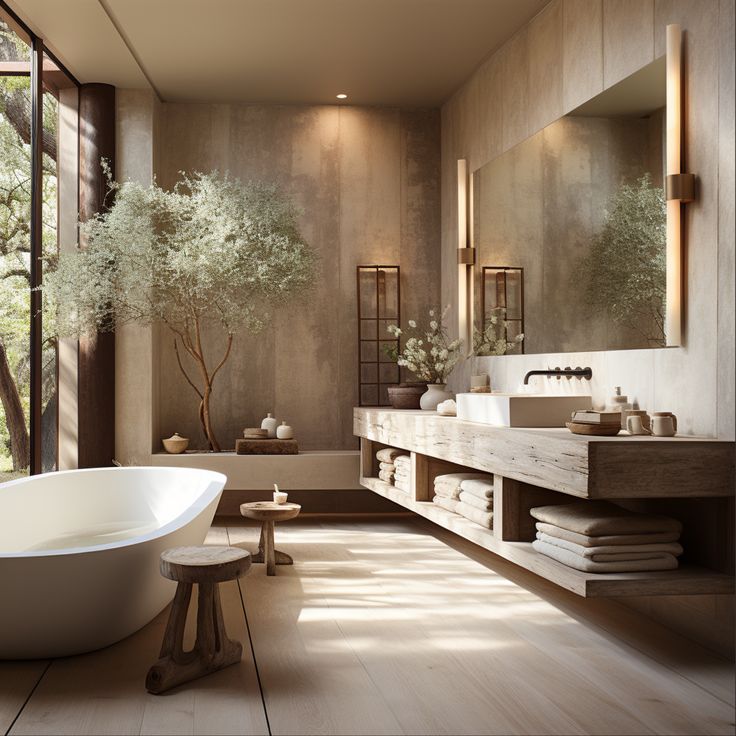 a bath room with a tub a sink and a tree in the window sill