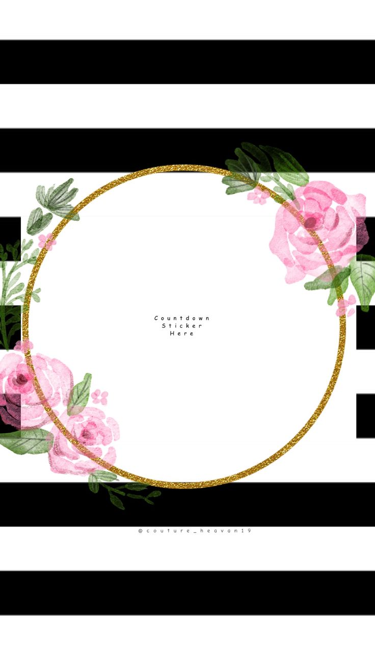 a white and black striped background with pink roses on it, in the center is a gold circle